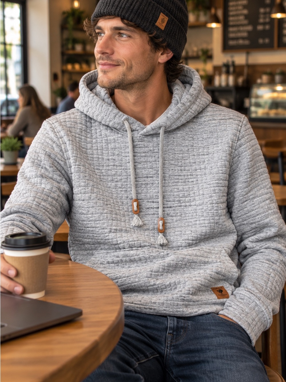 Vogue Quilted Hooded Pullover Sweatshirt - Light Gray